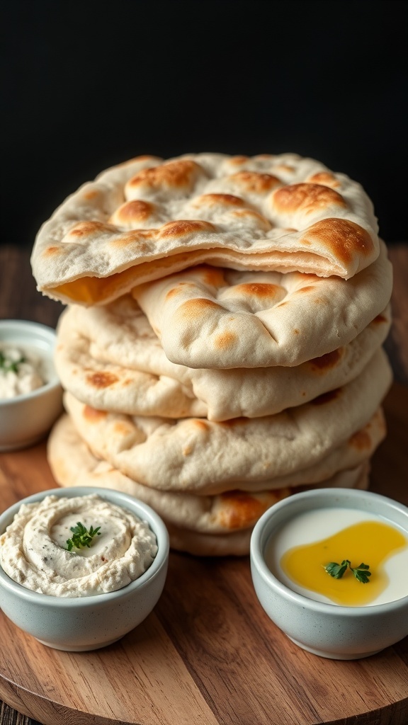 Freshly baked pita bread stacked on a wooden board with bowls of hummus and tzatziki.
